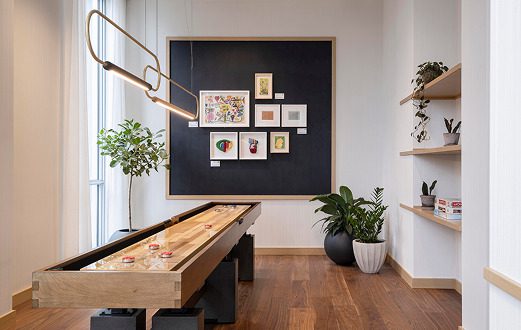 Amenity lounge with a wooden shuffleboard table, framed art wall and plants.